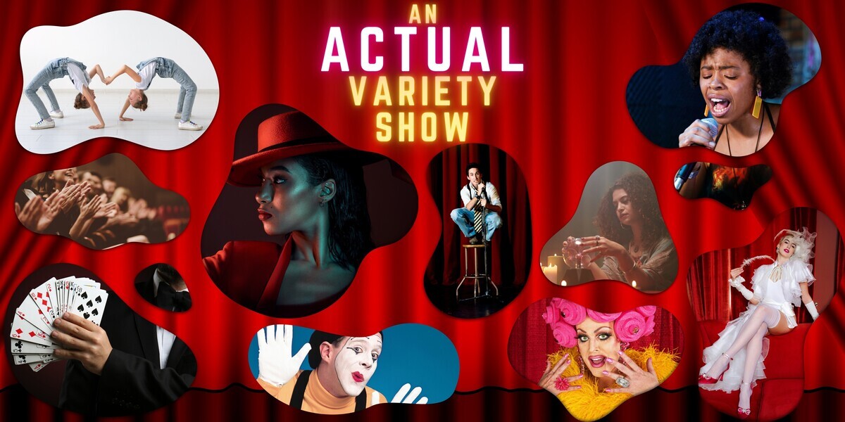 A promo tile for a Fringe show featuring a red stage curtain background with the show’s name in front. The tile includes abstract blob-shaped frames containing images of a variety of performers, including comedy, magic, burlesque, and more, showcasing the diverse acts in the show.