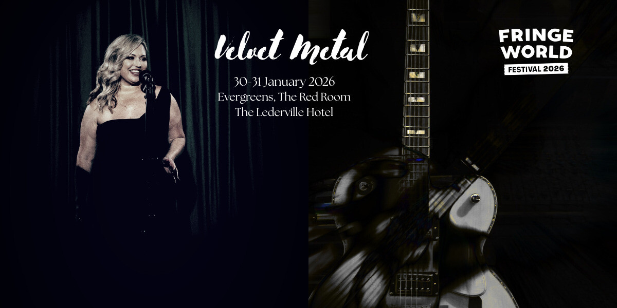 Velvet Metal - A promotional image split in two: on the left, a blonde woman in a black strapless gown sings into a microphone against dark stage curtains; on the right, a blurred close-up of electric guitars creates a moody, metallic texture. Text reads “Velvet Metal – A fusion of classical elegance and metal intensity.”