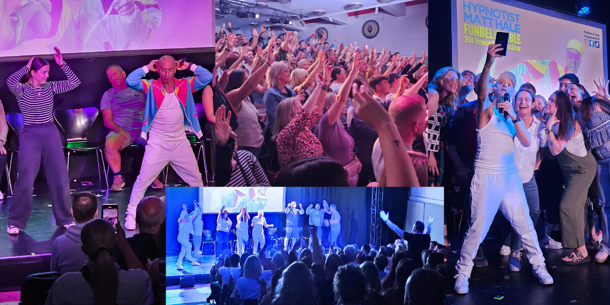 Comedy hypnotist Matt Hale on stage during his Fringe show ‘Funbelievable! 90s Rewind’ having fun with his hypnosis show volunteers, while the audience are clapping and cheering