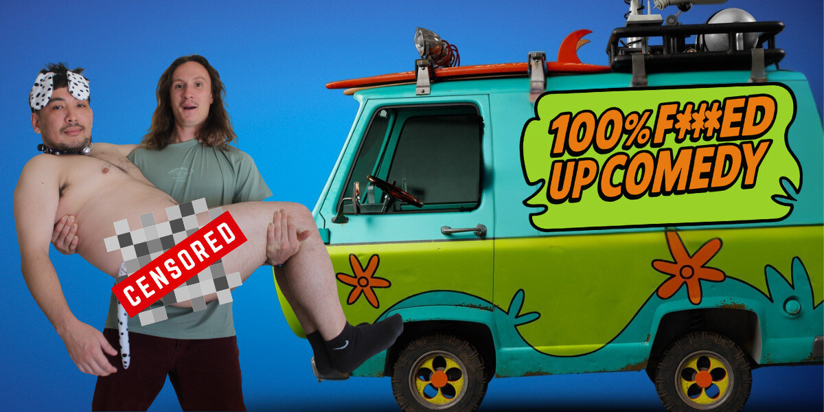 100% F****ed Up Comedy–Bold yellow text reading “100% F**ed Up” with a lightning hazard symbol beside it on a dark background.