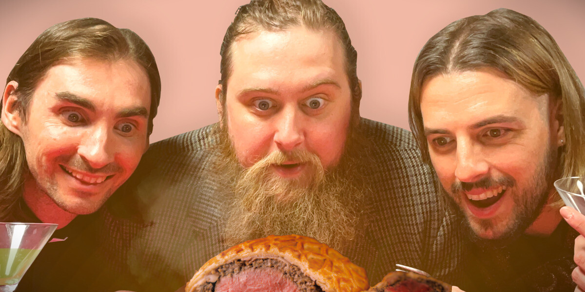 George Glass - Dial M For Mushrooms–Three guys nervously hold a plate of beef wellington and mushrooms