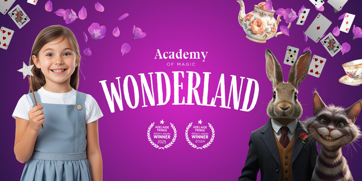 A bright purple “Academy of Magic: Wonderland” poster featuring a smiling girl holding a wand on the left, and on the right a well-dressed rabbit and a grinning cat. Floating teacups, cards, and petals surround the title.