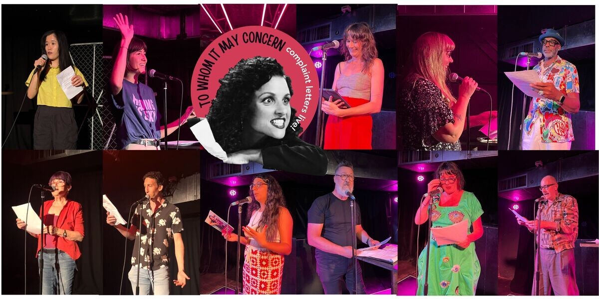 To Whom It May Concern: Complaint Letters Live!–Taylor Swift looking shocked & angry; Elaine from Seinfeld looking vindictive; circular logo saying 'To Whom it May concern'; white text saying 'complaint letters live'