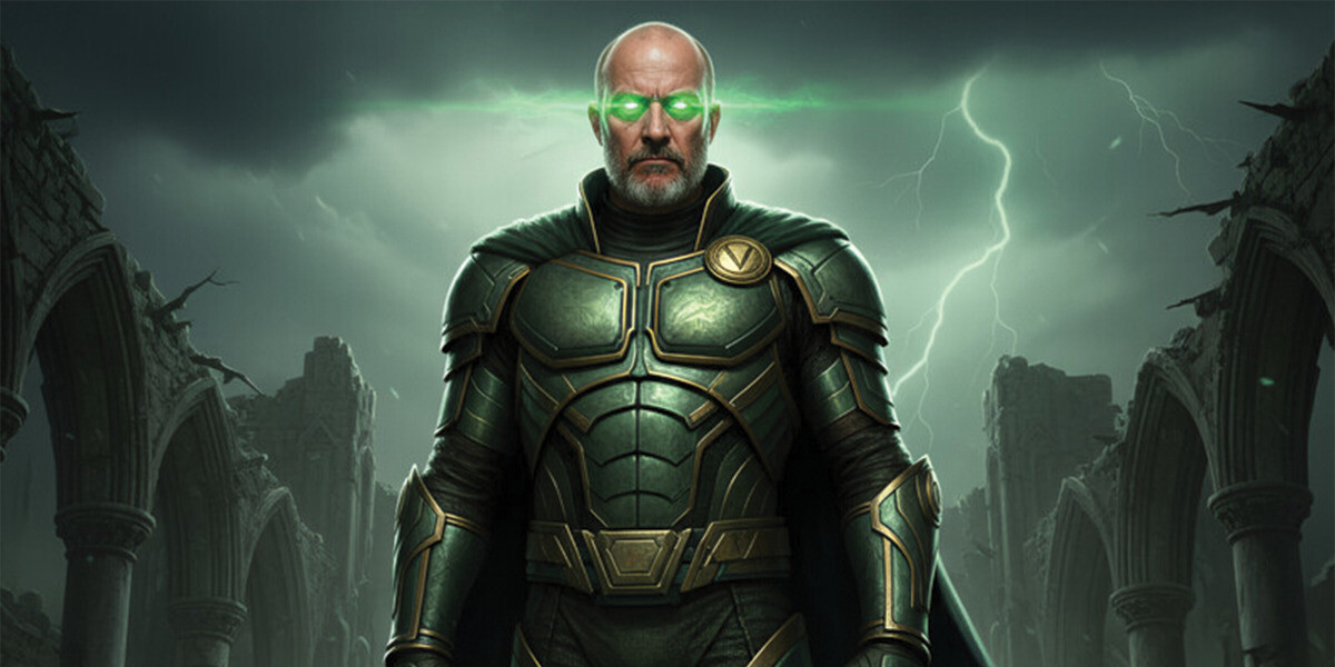 Brendon Burns "Mischief"–A dark, dramatic portrait of a hooded man with glowing green eyes. His face is partially shadowed, giving him an ominous, supernatural presence. Behind him, green lightning forks through a stormy sky, enhancing the eerie, mystical atmosphere.