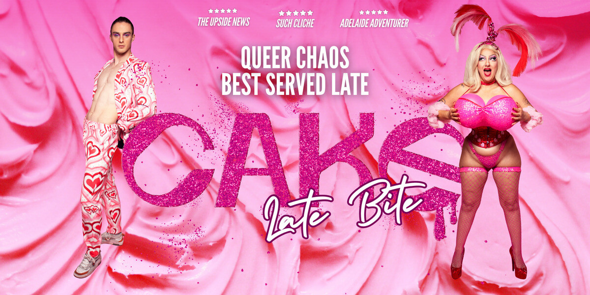 CAKE - Late Bite–Against a whipped-pink frosting backdrop two performers stand aside glittery text reads “CAKE,” with “Late Bite” written across and the tagline “Queer chaos best served late.” The scene is bold, messy, and joyfully chaotic. On the left, a drag artist with long blonde hair, dramatic makeup, and an oversized glittery pink bust bites playfully into a giant red liquorice strap. They wear a feathered headpiece, pink fur cuffs, and sparkling jewellery. On the right, another performer in a shiny pink jacket and harness poses wide-eyed as a long strand of licorice stretches from their mouth.