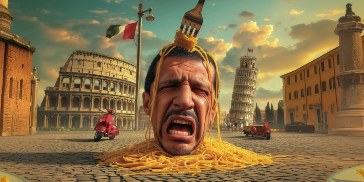 I'm Italian but that's not my fault–I’m Italian But It’s Not My Fault! featuring comedian Christian Giacobbe. The image shows a humorous scene with Christian’s exaggerated facial expression as he grimaces while a giant fork twirls spaghetti around his head like hair. The background includes iconic Italian landmarks such as the Colosseum, the Leaning Tower of Pisa, and an Italian flag waving in the sky, with a red Vespa scooter nearby. The title text reads “I’M ITALIAN But it’s not my Fault!” in bold white and red letters, and “CHRISTIAN GIACOBBE” appears at the bottom in bold white font on a black background.