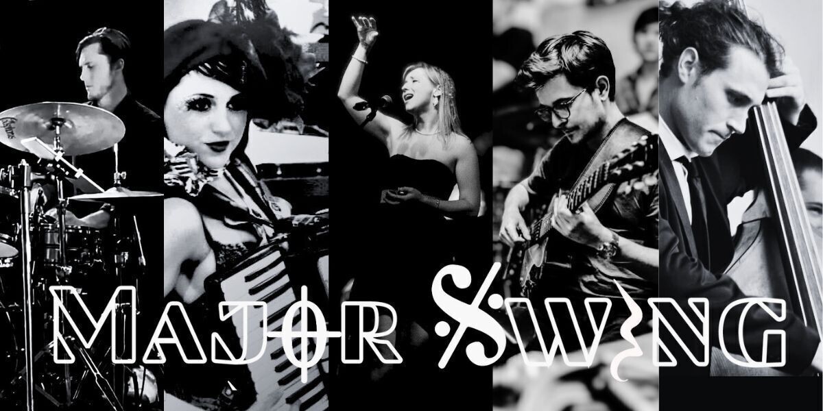 5 seperate black and white images of each member of Major Swing
The logo with musical references at the base of image