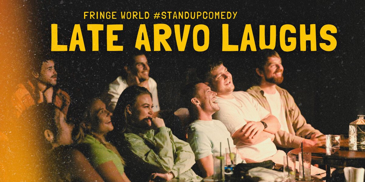 LATE ARVO LAUGHS–Audience members at a stand-up comedy show during FRINGE WORLD Perth, laughing and recording moments on their phones under warm red lighting. The crowd’s smiles and engagement reflect the energetic and interactive atmosphere of the night.