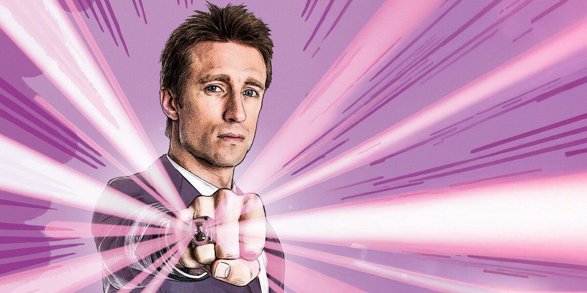 Sammy J - HERO COMPLEX–Sammt J illistrated with phanton ring shooting out strobes of light on purple coloured background