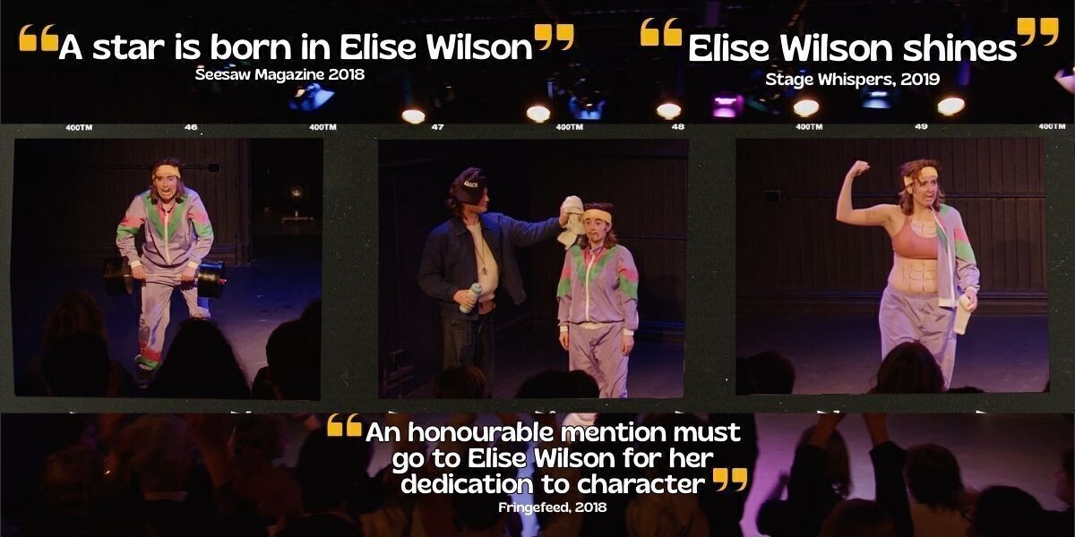 Person stands on stage smiling, wearing a pastel tracksuit and a yellow headband. Purple stage lighting highlights them against a dark background, suggesting a live performance or theatrical setting.