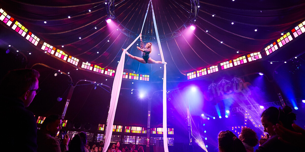 Aerialist performer on white silks performing the splits mid-show.