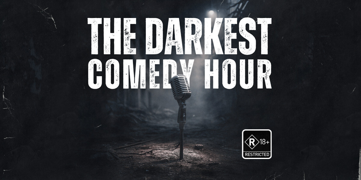 Darkest Comedy Hour–Promotional poster for The Darkest Comedy Hour, an R18+ stand-up show at FRINGE WORLD Perth. The image features a single vintage microphone standing under a spotlight in a dark, smoky alleyway, evoking an edgy underground vibe. Large distressed white text reads THE DARKEST COMEDY HOUR. Below, a quote from Comedy Central describes it as “Cleverly written jokes with very little boundaries. Bold. Dark. Fantastic.” A 5-star rating and R18+ restricted symbol appear at the bottom.