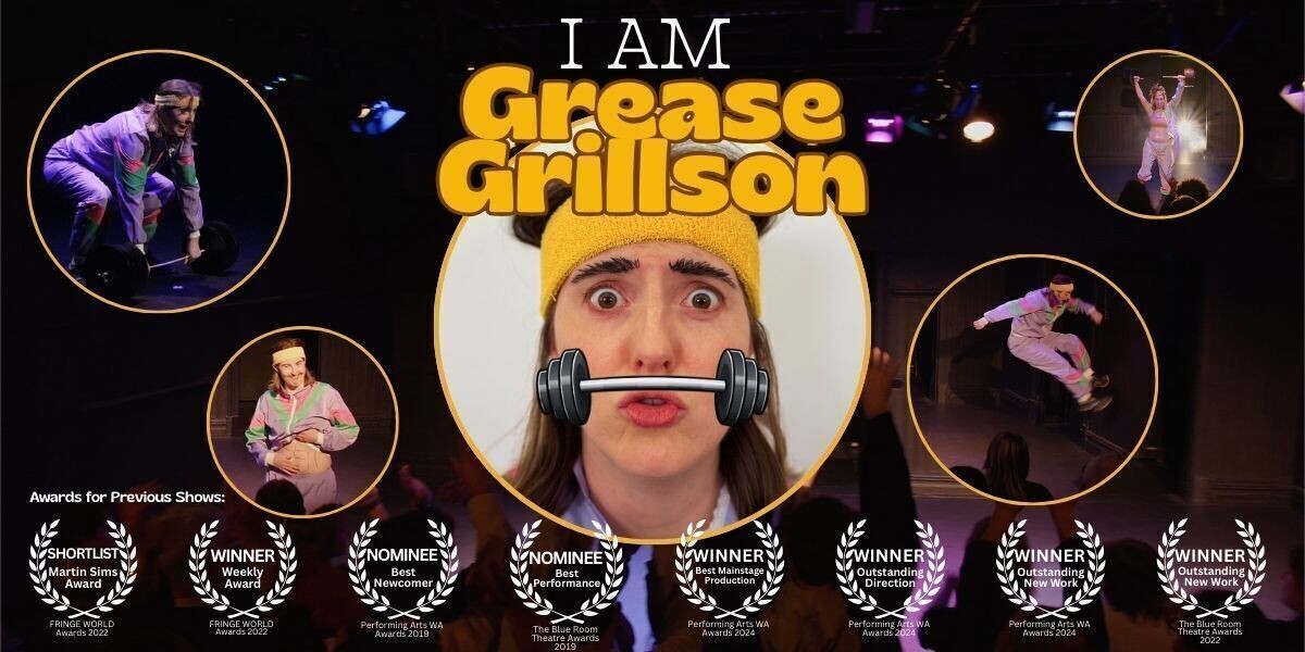 Close-up of a person wearing a yellow headband, eyes wide open in a surprised expression. A graphic barbell icon is positioned horizontally across their mouth, creating a playful, edited effect.