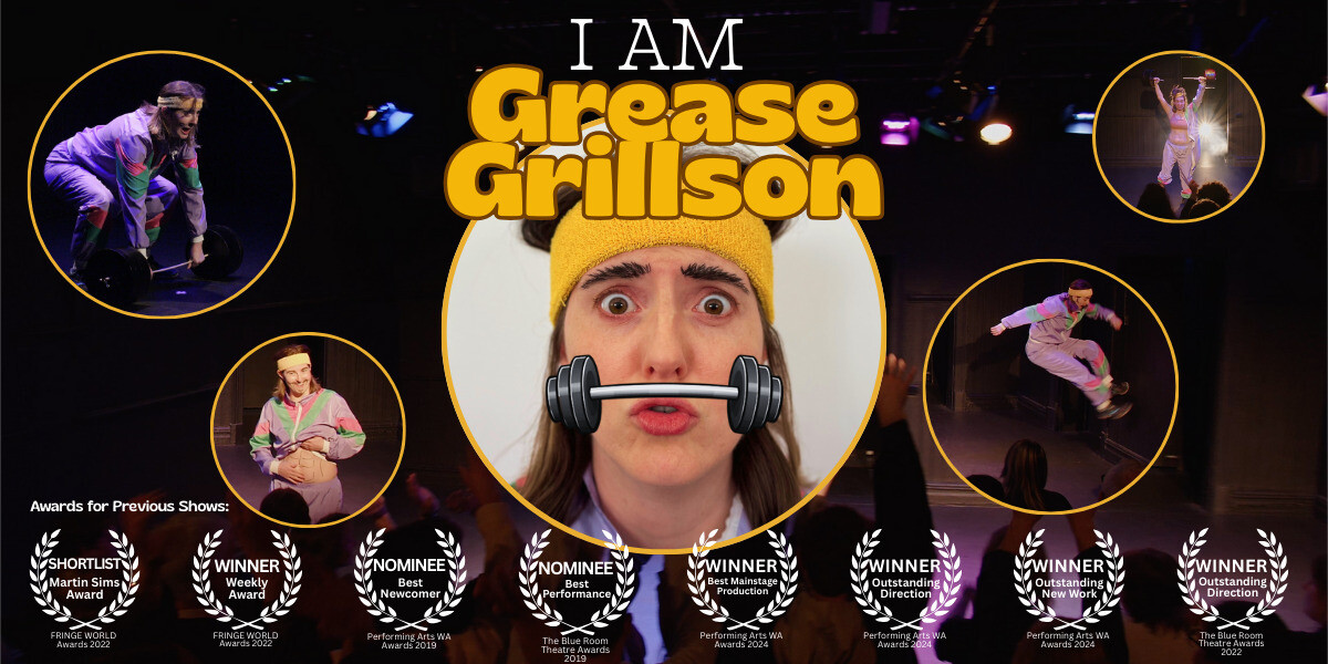 Close-up of a person wearing a yellow headband, eyes wide open in a surprised expression. A graphic barbell icon is positioned horizontally across their mouth, creating a playful, edited effect.