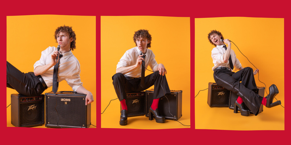 A 3-image collage of Tomas sitting in various positions on two microphone amps while holding a microphone to his mouth in front of a yellow background.