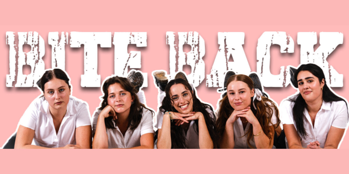 Three lionesses are shown side by side against a blue backdrop, each wearing a blue-and-white gingham school uniform. Their expressions vary: one snarls with bared teeth, the next roars with its mouth wide open, and the third squints with its tongue sticking out in a playful, cheeky pose.