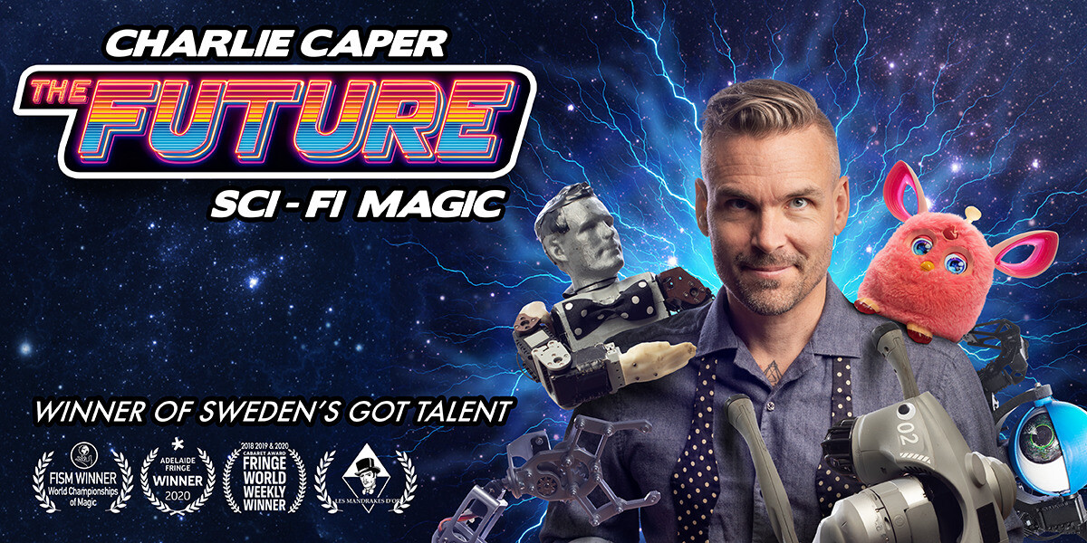 Man thrusts a large wrench toward the camera with a determined expression, surrounded by floating robots, mechanical arms, and toy-like figures against a glowing star-filled space backdrop.