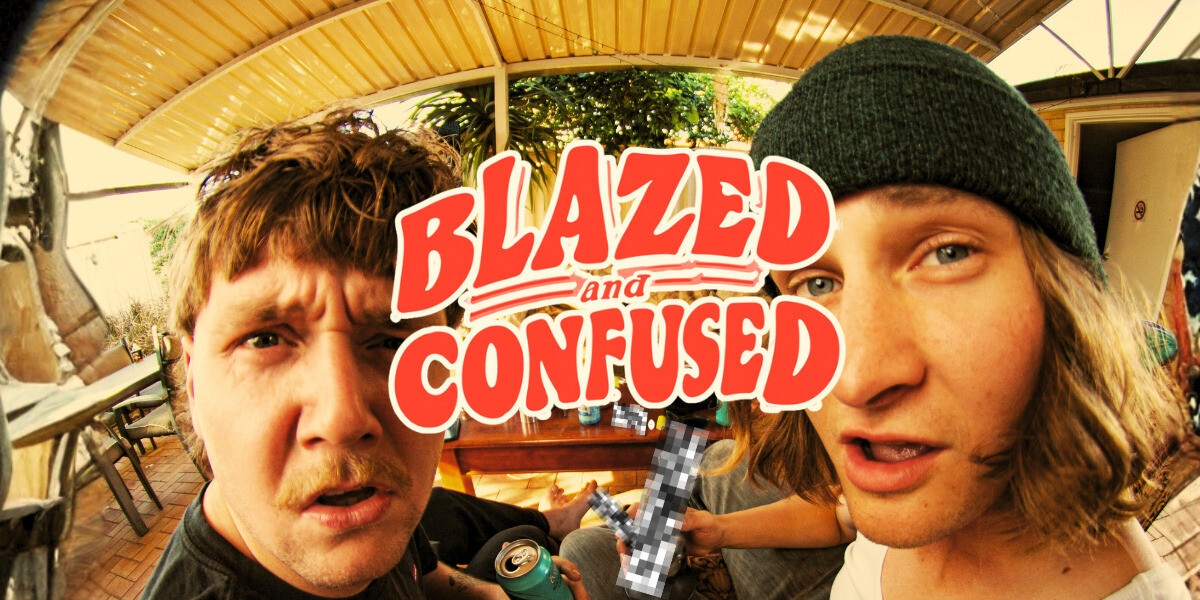 Blazed and Confused: Mitch Glenn, Wyatt Nixon and co.–Poster for Blazed and Confused featuring two men in a distorted fisheye close-up inside a cluttered backyard patio. One holds a drink can, the other holds a censored pixelated object. Bold red text reads “Blazed and Confused,” with “Grassroots Comedy Presents” above it. Names “Mitch Glenn” and “Wyatt Nixon” appear at the bottom.