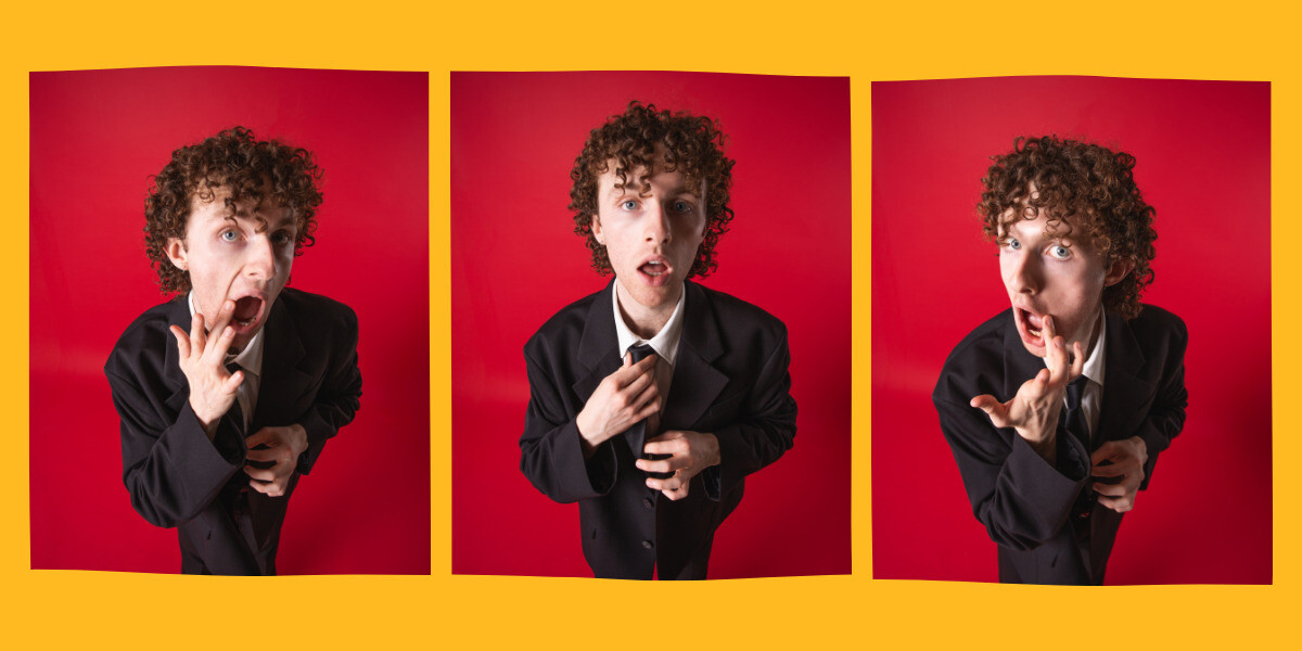 A 3-image collage of Tomas wiping his mouth and straightening his tie as if he is looking into a mirror in front of a red background.
