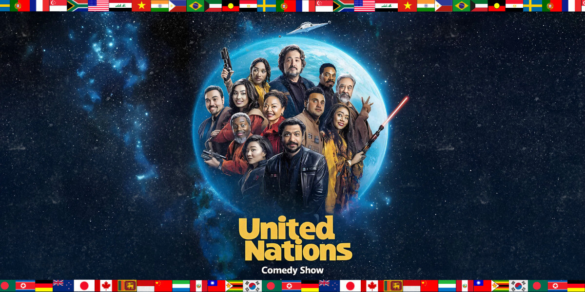 United Nations Comedy Show–Promotional artwork for United Nations Comedy Show, featuring a diverse lineup of comedians illustrated standing in front of a glowing blue planet. The border displays world flags, symbolising international unity, with text reading “United Nations Comedy Show” below.