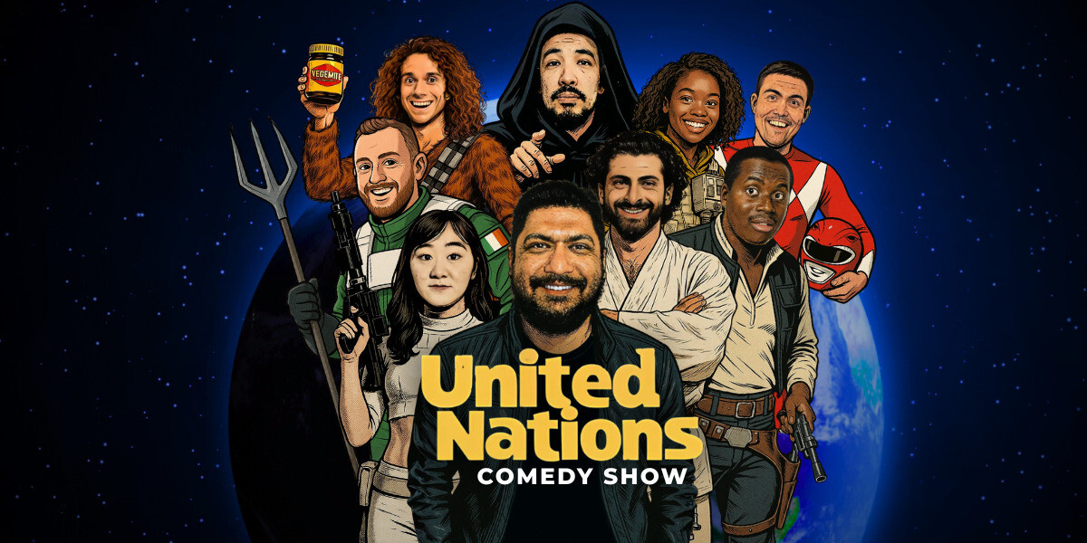 Promotional artwork for United Nations Comedy Show, featuring a diverse lineup of comedians illustrated standing in front of a glowing blue planet. The border displays world flags, symbolising international unity, with text reading “United Nations Comedy Show” below.