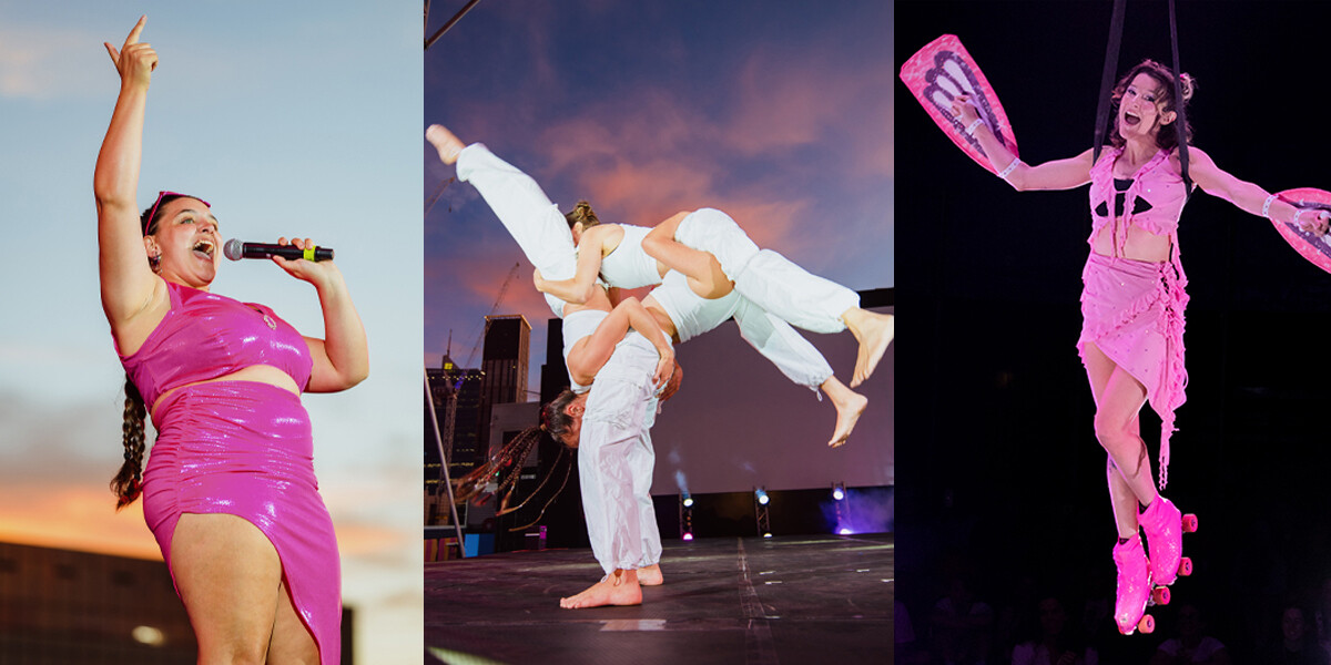 3 images in one- stills from Naughties. On the left, the MC dressed in pink with a microphone, in the middle 3 acrobats perform a bend back contortion skill, on the right an aerialist dressed in pink as a fairy hangs by straps with a big smile on her face