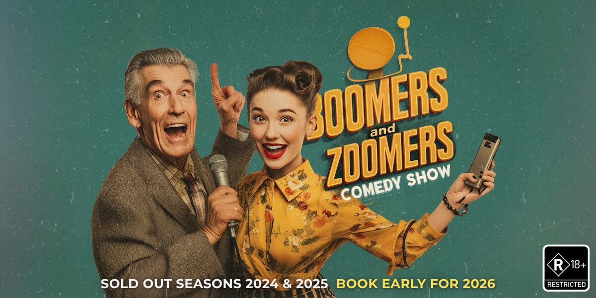 BOOMERS AND ZOOMERS: Comedy Showcase!–Audience laughing and enjoying a live stand-up comedy show in a warmly lit venue. People sit around wooden tables and barrels with drinks, smiling and reacting to the performer off-camera. The scene captures the lively, communal atmosphere of a packed comedy night. The hashtag #standupcomedy appears in the corner.