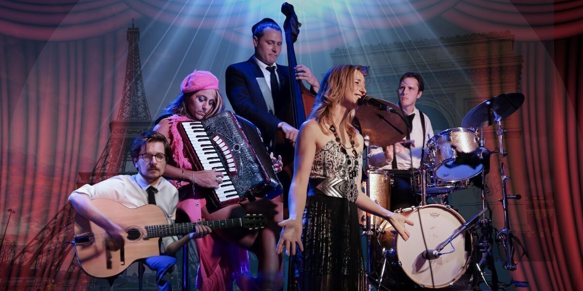 One Night in Paris with Major Swing Project–Shining a stagelight on the quintet Major Swing with the Eiffel Tower and the Triumph Arc in the background